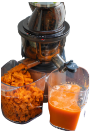un extracteur de jus vertical et son bac à jus et son bac à fibres et à pulpe
